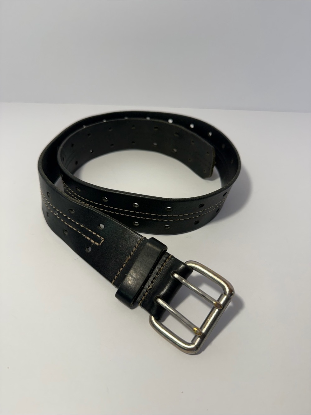 Rugged Black Leather Double Prong Stitch Detail Belt Retro Style Size 34